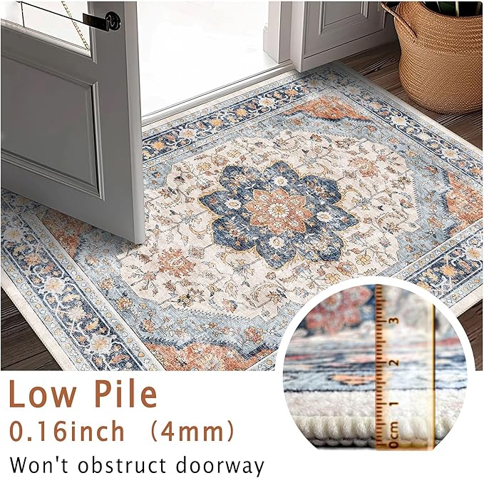vivorug 5x7 Area Rugs - Boho Ultra-Thin Washable Rug with Non-Slip Backing, Ideal for Living Room, Bedroom, Kitchen Floor Carpet - Vintage Floral, Easy Clean, Durable, Low Pile Orange/Navy