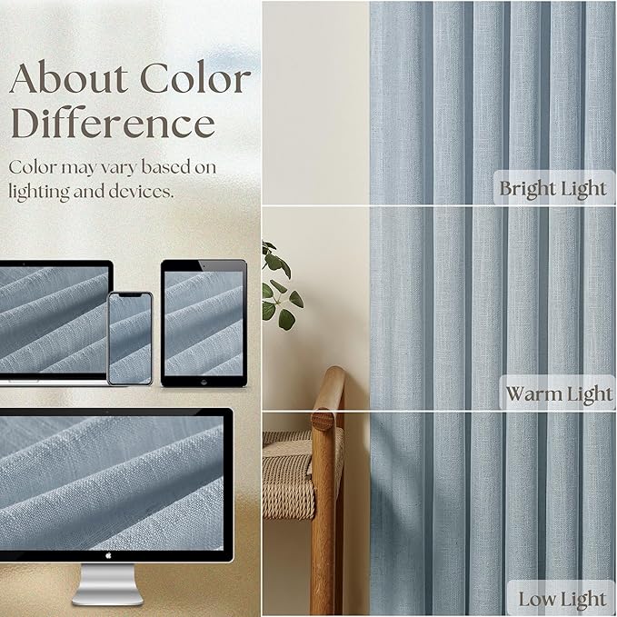 Dusty Blue 80 Inch Pinch Pleated Linen Curtains 2 Panels Set for Living Room Bedroom Boho Farmhouse Light Filtering Semi Sheer Back Tab Pinch Pleat with Hooks Rings Window Curtain 80 Inches Long
