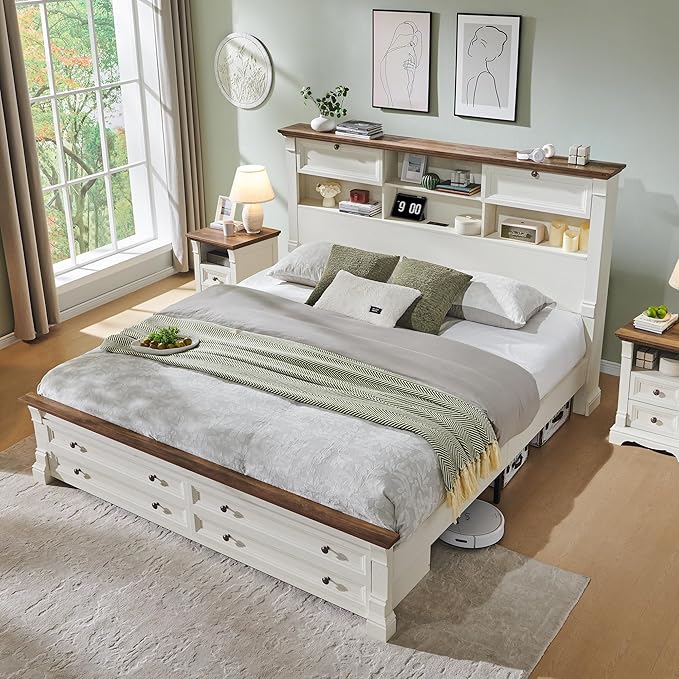 T4TREAM Farmhouse King Size Bed Frame with 54" Tall Headboard, Wood Platform Bed Frame with 18" Tall Roman Column Decoration Footboard & 2 Large Storage Drawers, No Box Spring Needed(Antique White)