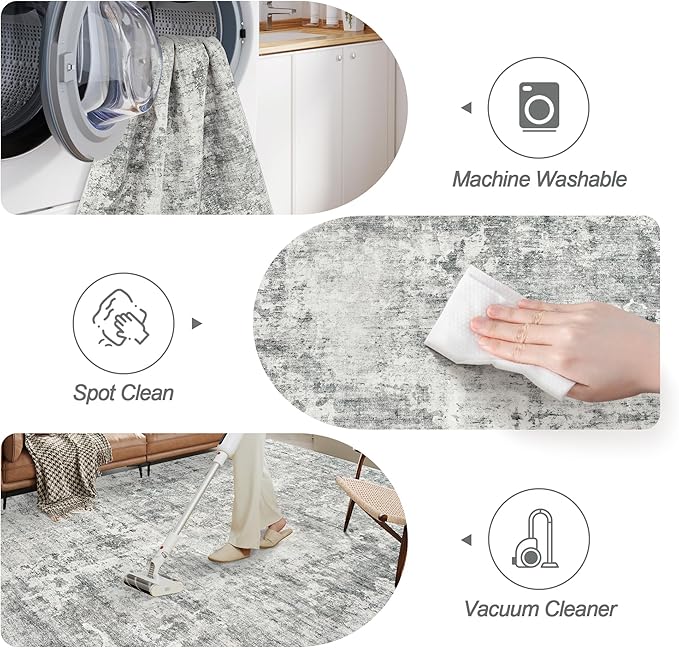 6x9 Abstract Area Rugs for Living Room 6 x 9 Washable Non Slip Low Pile Gray Rugs for Bedroom Dining Room Foldable Thin Gray White