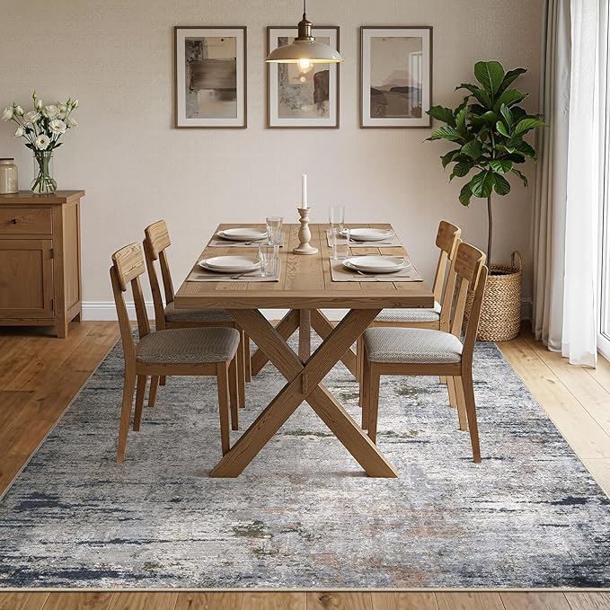 Area Rug Living Room Rugs - 10x12 Washable Large Soft Indoor Neutral Modern Abstract Low Pile Rug Carpet for Bedroom Dining Room Farmhouse Home Office - Blue/Grey/Brown
