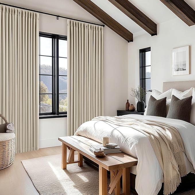 Neutral Beige Linen Pinch Pleated Blackout Curtains 84 Inches Long for Bedroom Living Room Darkening 100% Black Out Pinch Pleat Drape with Liner Farmhouse 84 Inch Curtain for Dining Room Oatmeal Sand