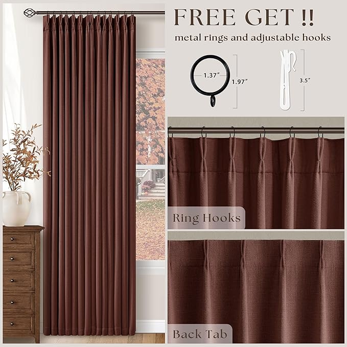 Chestnut Brown 100 Inch Floor Length Linen Blackout Curtains for Bedroom Pinch Pleated Black Out Thermal Insulated Window Drapes Light Blocking Double Layer Soundproof 100 Inch Curtain 2 Panels