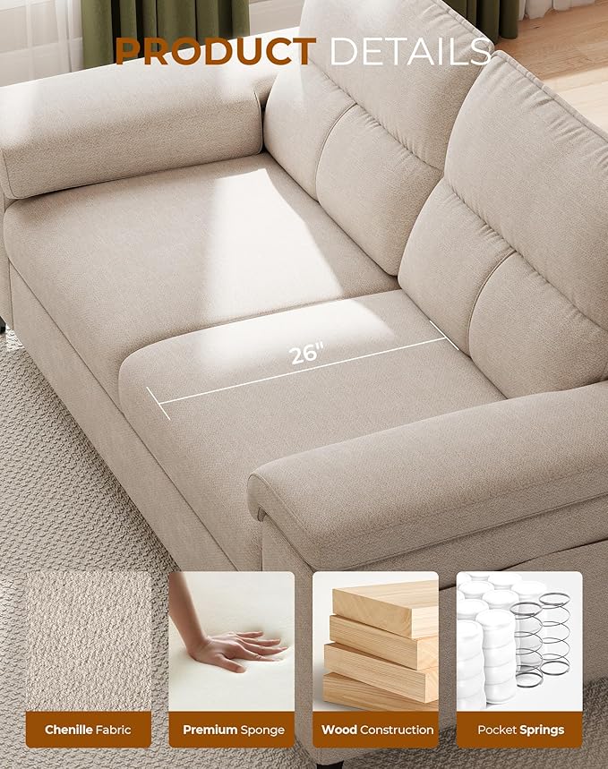 71.25" Modern Sofa Couch for Living Room, Deep Seat Sofas with 8”Cushion, Comfy 2-Seater Chenille Loveseat with Convertible Armrest, Removable Sofa Cover, High Leg (Beige)