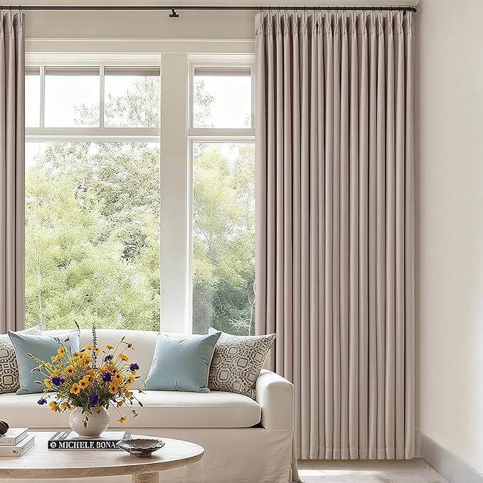 Memory Trained Pinch Pleated 100% Blackout Linen 80 Inch Curtains for Bedroom Room Darkening Light Blocking Burlywood Tan Window Curtain 80 Inches Long Living Room Black Out Pleat Drapes Dual Layer