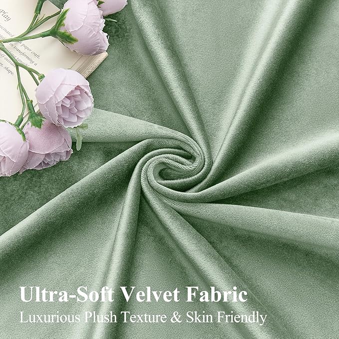 Sage Green Velvet Curtains for Bedroom, Thermal Insulated Room Darkening Luxury Blackout Curtains 90 Inches Long Back Tab Rod Pocket Window Drapes for Living Room Nursery, W52 x L90, 2 Panels