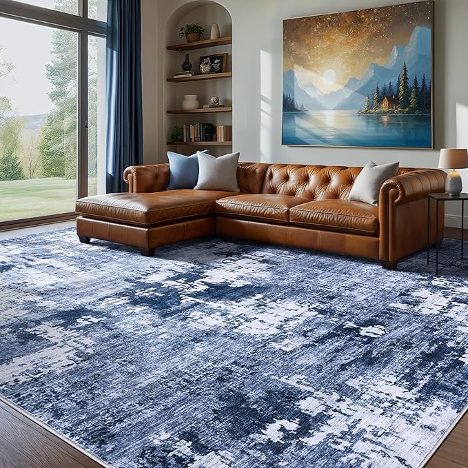 Area Rug Living Room Rugs - 6x9 Washable Large Soft Indoor Neutral Modern Abstract Low Pile Rug Carpet for Bedroom Dining Room Farmhouse Home Office - Navy Blue