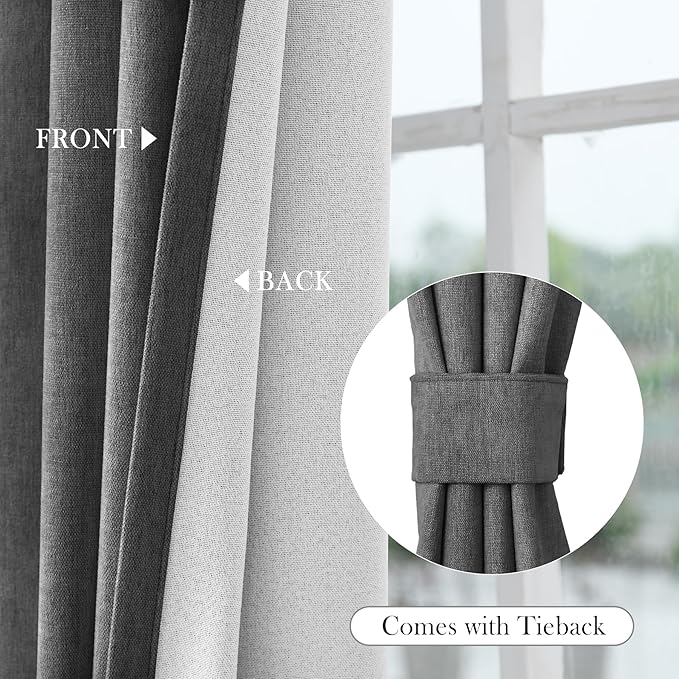 Macochico 100% Blackout Chenille Curtains for Sliding Door Thermal Insulated Noise Reducing Drapery for Living Room Bedroom Hotel, Grommet Curtains with Tieback, Dark Grey, 120" Wx96 L 1 Panel