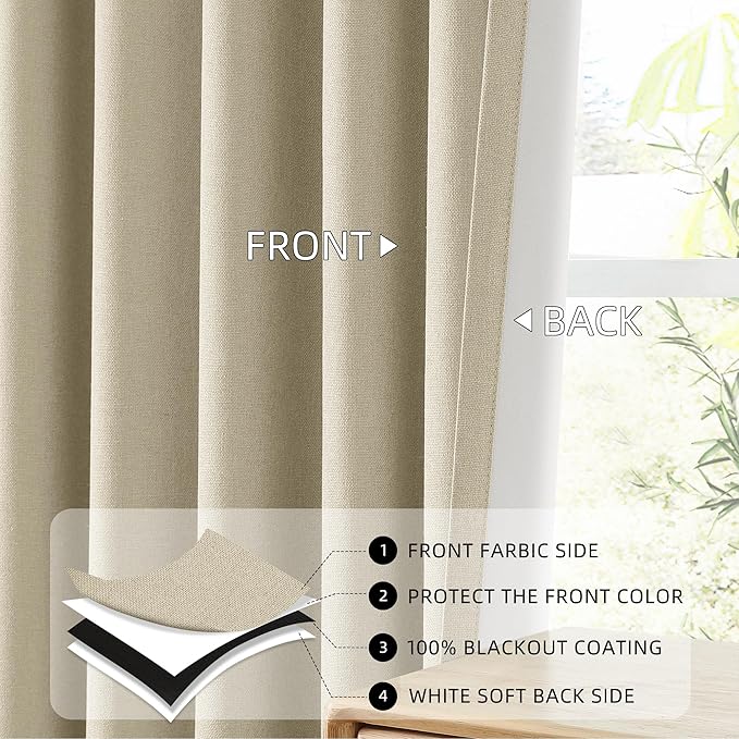 ChrisDowa 100% Blackout Natural Solid Solid Curtains 54 Inches Long 2 Panels for Bedroom Living Room,Farmhouse Room Darkening Thermal Insulated Soundproof Grommet Top Window Treatment Drapes,52x54