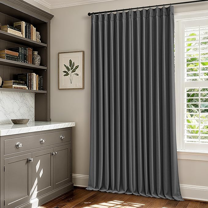 Dark Gray Linen Blackout Pleated 86 Inch Curtains for Living Room Darkening Pinch Pleat 100% Black Out Drapes Thermal Insulated Soundproof Charcoal Grey 86 Inch Curtain for Dining Bedroom