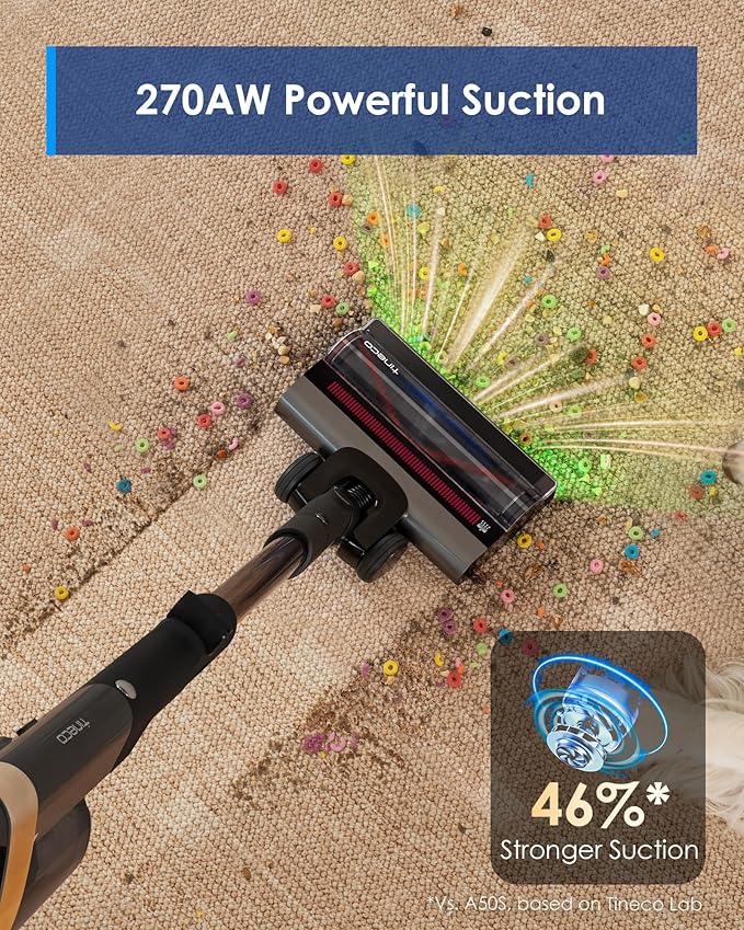 Tineco Pure ONE A90S Cordless Vacuum Cleaner, 270AW Powerful Suction Stick Vacuum Cordless Rechargeable, Up to 105min Runtime, 3DSense Master Brush, 150° Green LED Light with Floor Type Detection