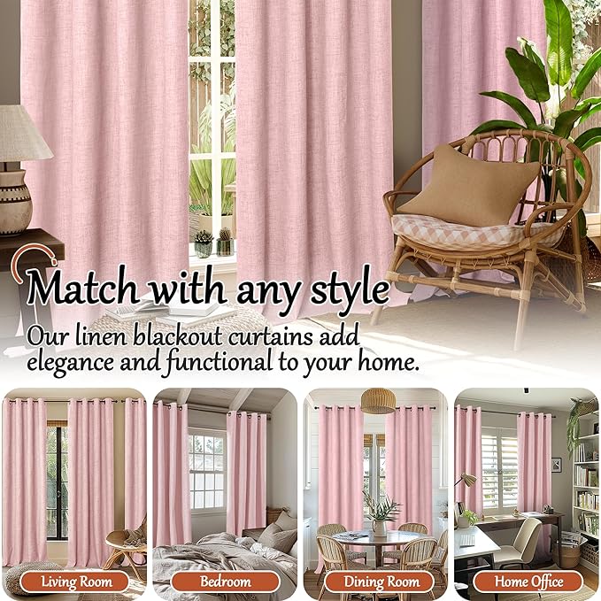 Baby Pink Linen Blackout Curtains for Girls Bedroom 84 Inch Length 2 Panels, Thermal Insulated Full Room Darkening Noise Reducing Privacy Grommet Window Curtains for Nursery, Each 52 Inch Wide