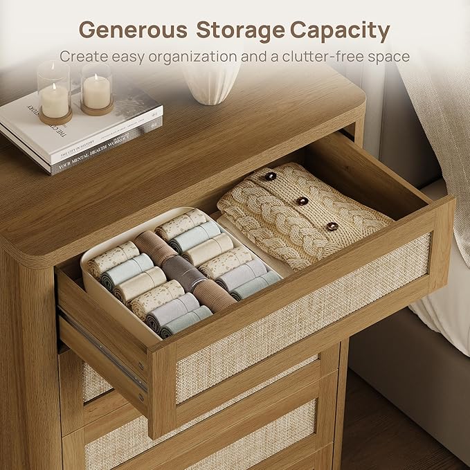 SICOTAS Tall Dresser for Bedroom - Rattan 5 Drawer Dressers Chest of Drawers with Push-to-Open Design, Modern Extra Deep Clothes Dresser with Large Storage for Closet, Living Room, Amber Oak, 3PCS