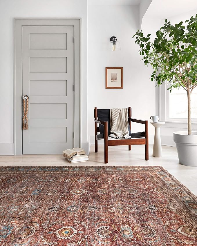 Loloi Layla Collection LAY-01 Brick/Blue 9'-0" x 12'-0" .13" Thick Area Rug, Soft, Durable, Vintage Inspired, Distressed, Low Pile, Non-Shedding, Easy Clean, Printed, Living Room Rug