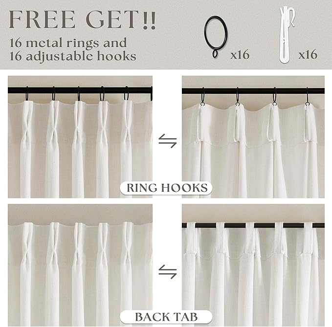 Natural Pinch Pleated Linen Curtains 84 Inch Length 2 Panels for Living Room Bedroom Textured Cream Ivory Birch Semi Sheer Boho Neutral Back Tab Pinch Pleat Hooks Rings Window Curtain 84 Inches Long