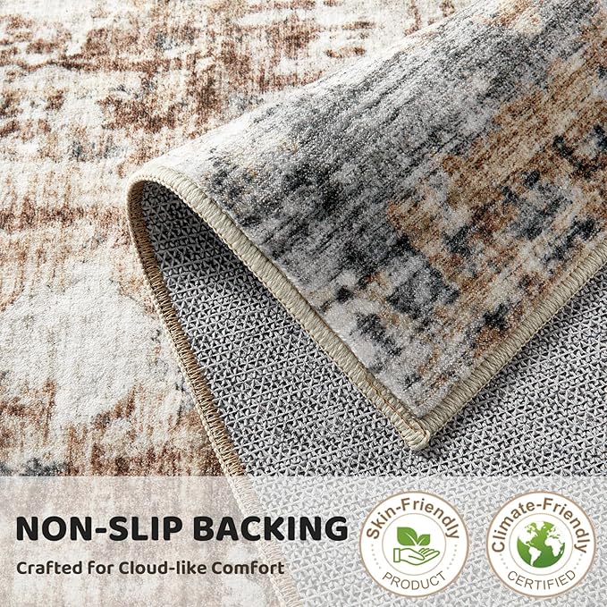 Square Area Rug Living Room Rugs - 8x8 Washable Large Soft Indoor Neutral Modern Abstract Low Pile Rug Carpet for Bedroom Dining Room Farmhouse Home Office - Grey Brown