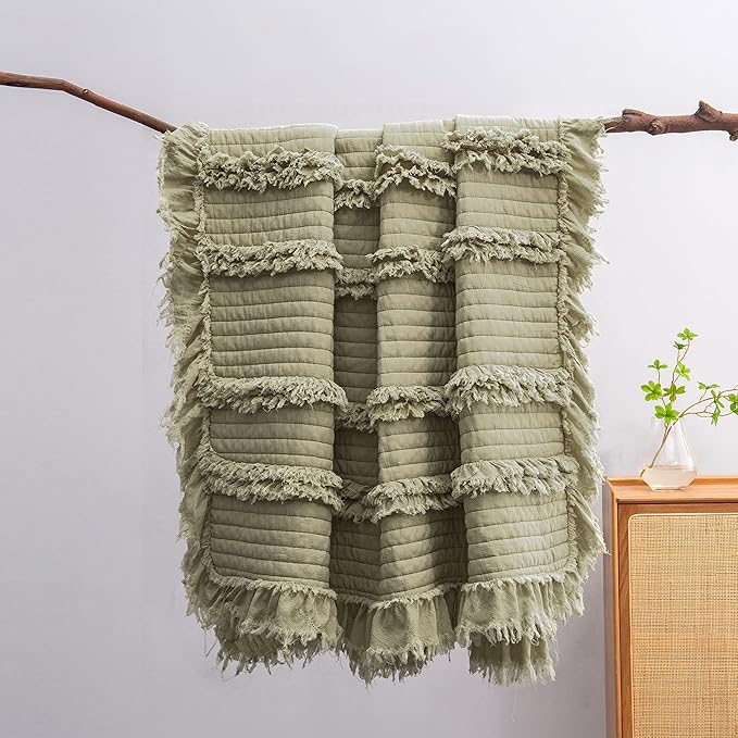 Ultra Soft Pre-Washed Quilted Throw Blanket, Ruffle Fringed Olive Green Decorative Throw, Sage Green Stone Washed Chic Rustic Blanket for Sofa Couch Bed, 50"x 60"
