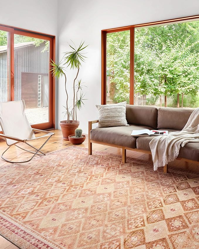 Loloi Layla Collection LAY-16 Natural/Spice 5'-0" x 7'-6" .13" Thick Area Rug, Soft, Durable, Vintage Inspired, Distressed, Low Pile, Non-Shedding, Easy Clean, Printed, Living Room Rug