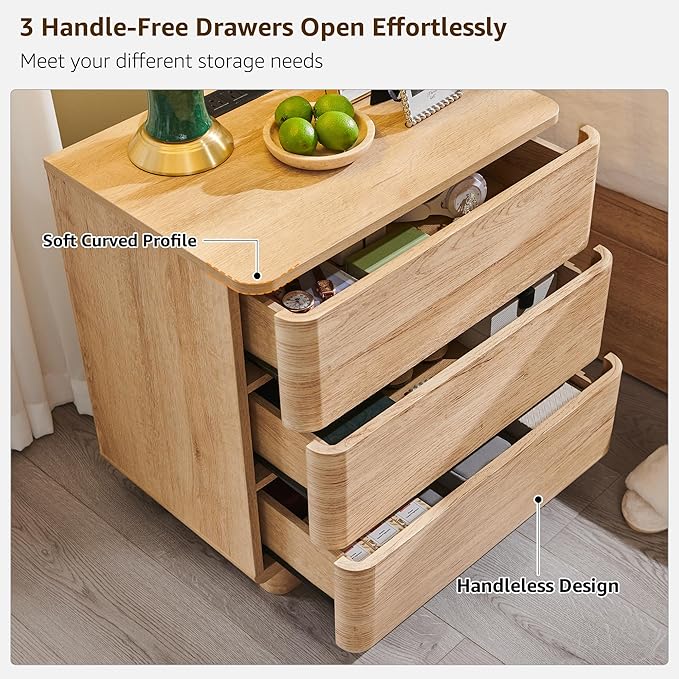 ACCOHOHO 22" Modern Nightstand Set of 2 with Charging Station, Push-to-Open 3 Drawers Bedside Table, Large End Table with Storage, Night Stand for Bedroom, Living Room, Curved Profile, Natural Oak