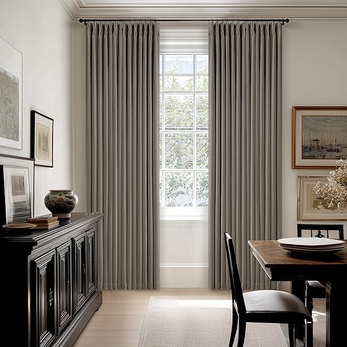 Taupe Pleated Linen Blackout Curtains 84 Inches Long for Bedroom Living Room Pinch Pleat Black Out Thermal Insulated Ring Hooks Back Tab Room Darkening Drape Brownish Gray 84 Inch Curtains with Liner