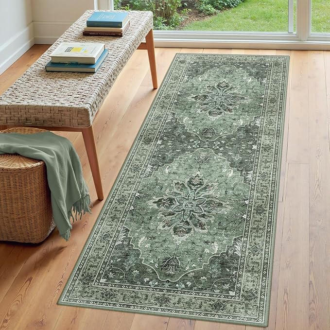Area Rugs 3'x7' Washable Non-Slip, Floral Vintage Distress Print Pattern Medallion Carpet for Living Room Bedroom Dining Room, Dark Green Gray