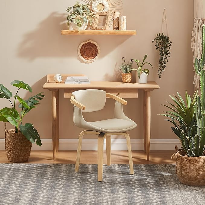 Art Leon Desk Chair No Wheels - Mid Century Modern Swivel Accent Chair, Fabric Upholstered Home Office Desk Chair for Small Spaces Living Room Bedroom, Off White