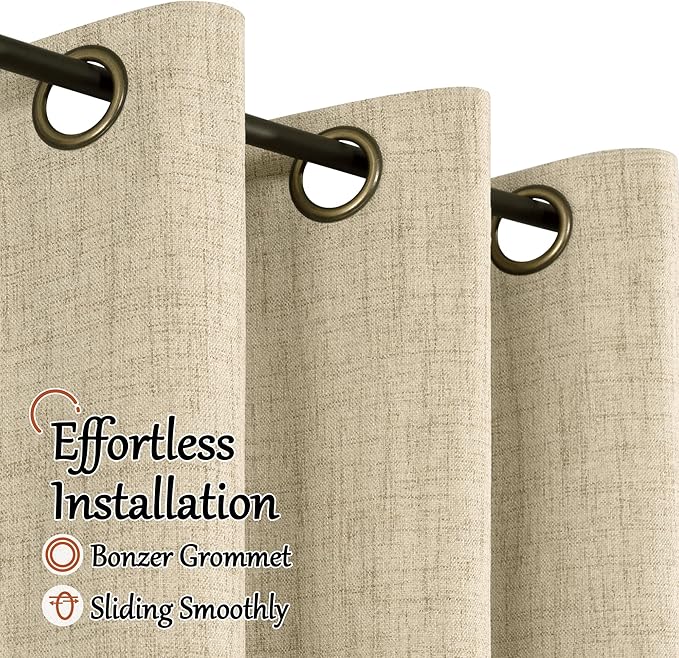 Blackout Living Room Curtains 72 Inch Long 2 Panels, Textured Black-Out Faux Linen Curtains for Bedroom Light Blocking, Bronze Grommet Thermal Insulated Window Drapery, Each 52" Wide, Burlap