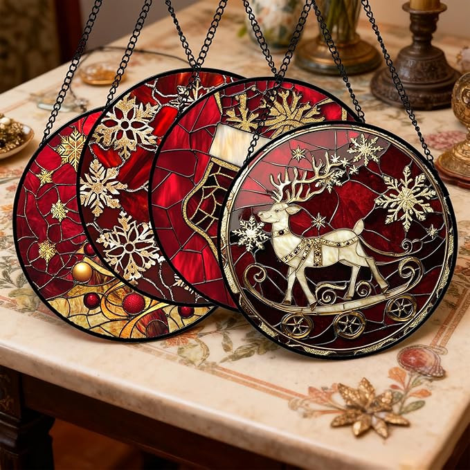 Stained Glass Window Hanging 4 Pcs Set Red Christmas Elk Snowflakes Large 11.8" - Deer Suncatcher Door Garden Sun Catcher Decor Birthday for Mom Woman Nana Men Friend