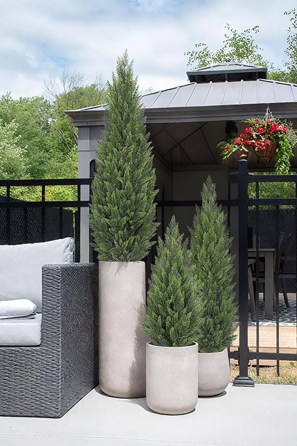Briful 4ft Cedar Topiary Trees Artificial Outdoor Set of 2, Realistic Faux Cedar Pines with Pots, UV Resistant Christmas Greenery for Holiday Decor, Indoor Farmhouse Entryway Patio Door Plants