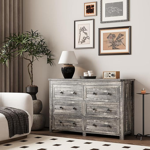 6 Drawer Dresser for Bedroom, Farmhouse Wood Chest of Drawers, Wide TV Stand Closet Storage Furniture with Metal Handle, Modern Clothes Organizer for Hallway, Living Room, Entryway, Grey