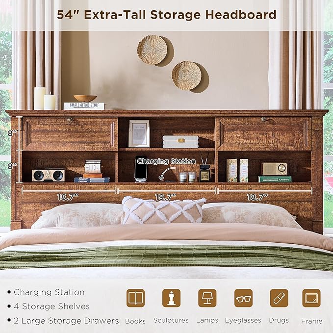 Farmhouse Queen Size Bed Frame with 54" Tall Storage Bookcase Headboard, Wood Platform Bed Frame with 18" Tall Roman Column Decoration Footboard & 2 Drawers, No Box Spring Needed(Reclaimed Barnwood)