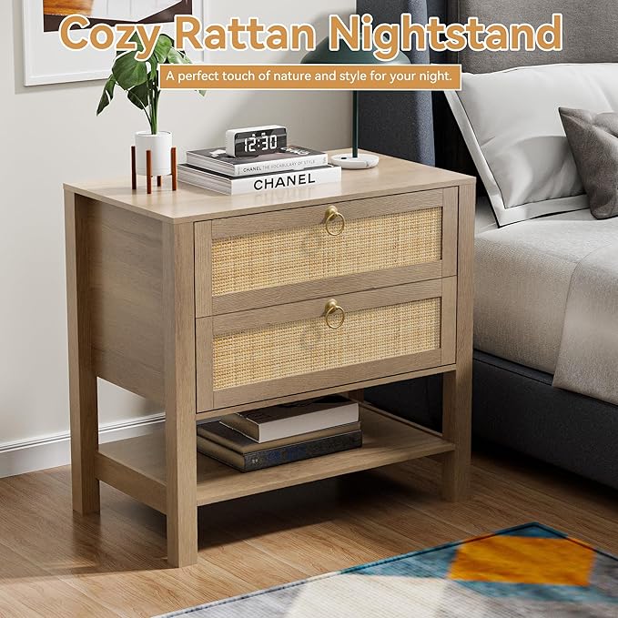 Rattan Nightstand Set of 2 with 2 Drawers and Storage Shelf, 26” Tall Wide Night Stand, Wood Large Bedside Table for Bedroom, Side Table, Carbon Cherry