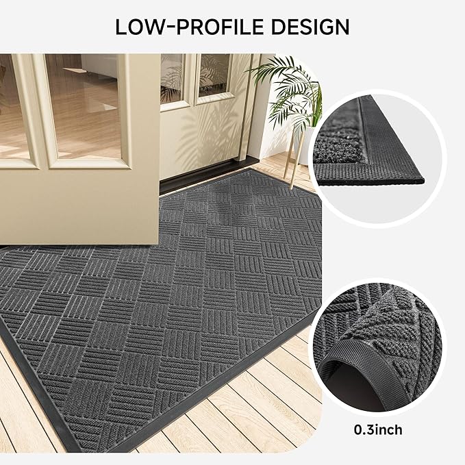 Front Door Mat, Heavy Duty Indoor Outdoor Doormat, 48" x 36" Low Profile Outdoor Mats for Home Entrance, Stain and Fade Resistant Welcome Mat Ideal for High Traffic Area, Diamond Grey