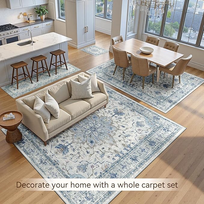 Area Rugs 5'x7' Washable Non-Slip, Floral Vintage Distress Print Pattern Medallion Carpet for Living Room Bedroom Dining Room, Light Blue Navy Beige Gray White
