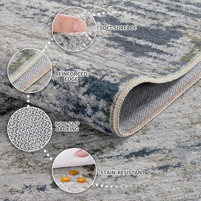 Area Rug Living Room Rugs - 5x7 Washable Large Soft Indoor Neutral Modern Abstract Low Pile Rug Carpet for Bedroom Dining Room Farmhouse Home Office - Blue/Grey/Brown