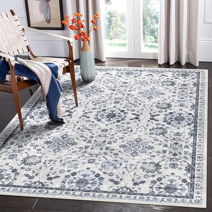 vivorug 8x10 Area Rugs, Stain Resistant Washable Rug for Living Room, Floral Rug Vintage Inspired (Ivory/Blue, 8'x10')