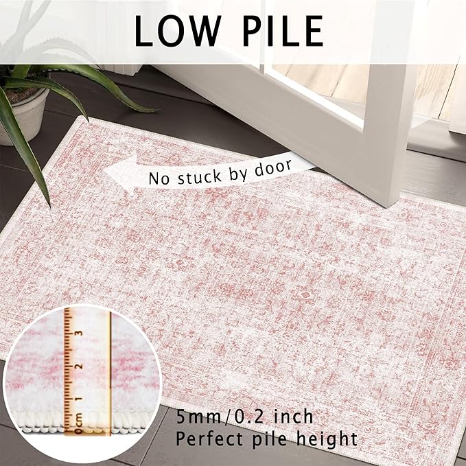 4x6 Rug, Small Area Rug for Living Room, Bedroom, Kitchen, Machine Washable Non-Slip Throw Rug, Vintage Distressed Floral Carpet for Entryway Nursery Dinner Room - Durable (Pink)