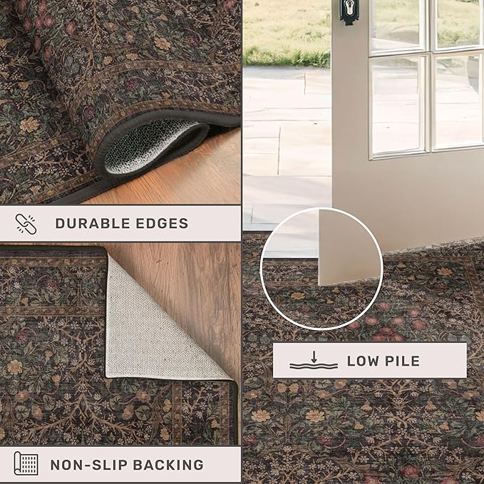Brown Boho Washable 2x6 Runner Rugs for Hallway, Kitchen,Bedroom Beside, Laundry Room, Bathroom Rug, Pet & Kids Friendly, Non Slip Low Pile Stain Resistant Soft Long Floral 24 x 72 Floor Carpet