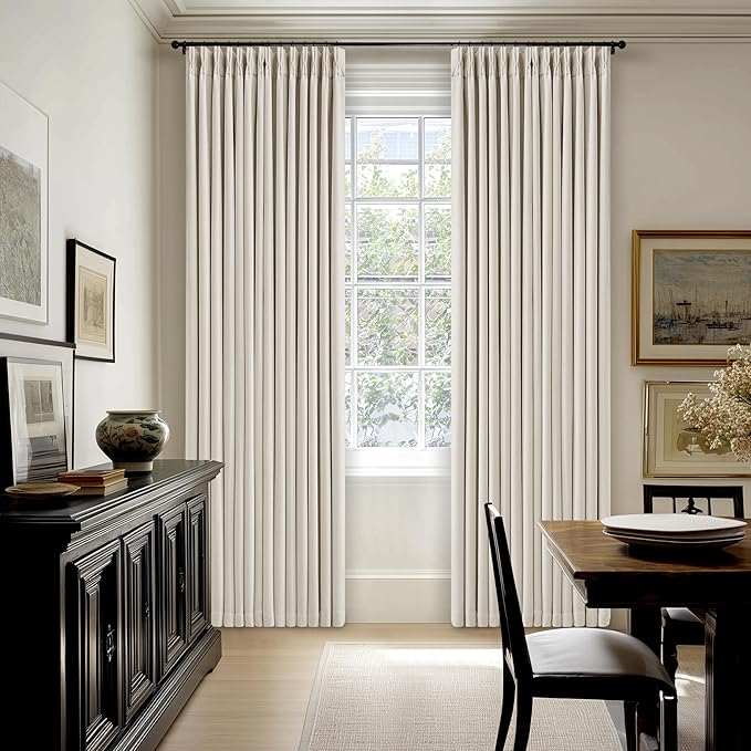 Pinch Pleated 100% Blackout Linen Curtains 96 Inch Length 2 Panels Pinch Pleat Curtains Black Out Light Blocking Room Darkening Drapes Dual Layer for Bedroom Living Room Window Cream Ivory Natural