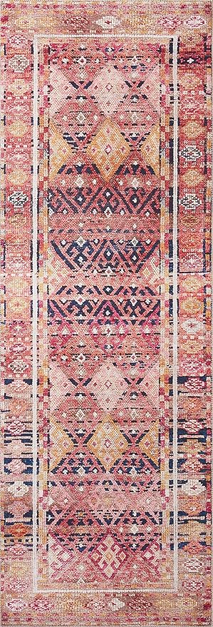 Loloi Layla Collection LAY-15 Magenta/Multi 7'-6" x 9'-6" .13" Thick Area Rug, Soft, Durable, Vintage Inspired, Distressed, Low Pile, Non-Shedding, Easy Clean, Printed, Living Room Rug