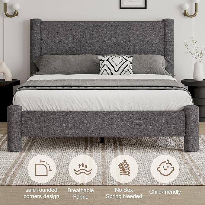 Queen Size Bed Frame, Boucle Upholstered Platform Bed Frame with Headboard and Footboard, Soft Bed Frame with Rounded Corners, No Box Spring Required, Easy Assembly, Dark Grey