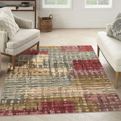 5x7 Area Rugs - Ultra-Thin Washable Rug with Non-Slip Backing, Ideal for Living Room, Bedroom, Kitchen Floor Carpet - Modern Abstract Style, Easy Clean, Durable, Low Pile Rug, Rainbow