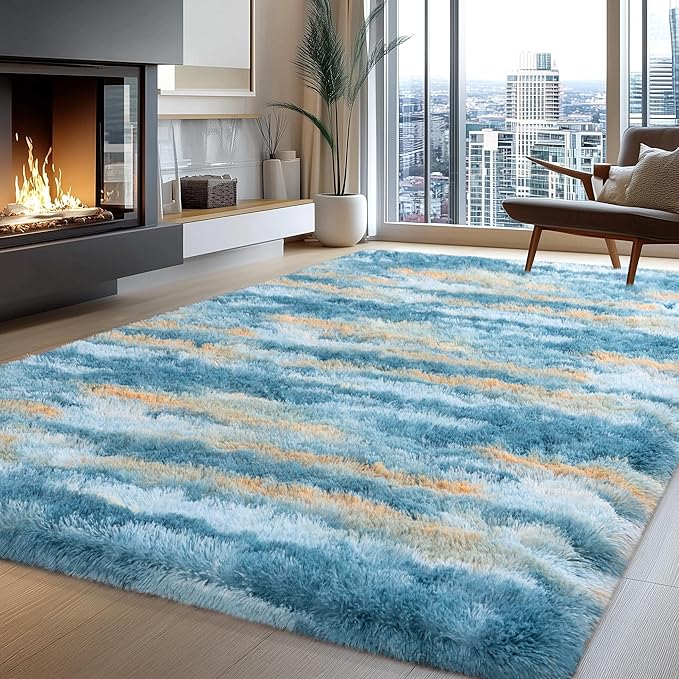 8x10 Rugs for Living Room, Soft Fluffy Blue Fuzzy Shag Large Area Rugs for Bedroom Boys Girls Kids Room Nursery Dorm Home Decor, Non-Slip Plush Shaggy Indoor Carpet