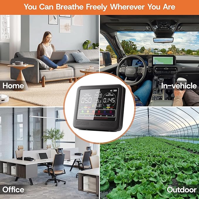 16-in-1 Indoor Air Quality Monitor with PM1.0,PM2.5,PM10,CO2,HCHO,TVOC,Temperature,Humidity,Time Display &7 AQI Alarms – Professional Air Quality Tester for Home, Office & Indoor Use (Shinning Black)