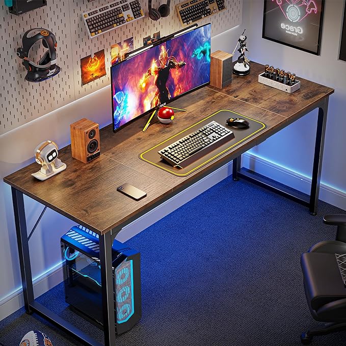 Huuger Computer Desk, 63 Inch Office Desk, Gaming Desk with Storage, Writing Desk Work Desk for Home Office, Study, Modern Simple Desk, Large Legroom, Metal Frame, Rustic Brown