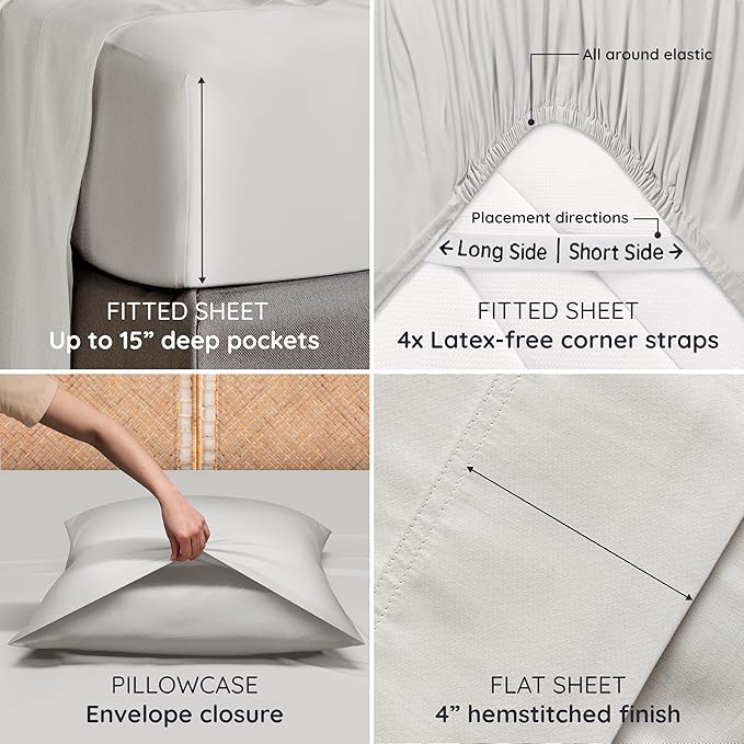 Bambaw 100% Viscose Derived from Bamboo Bed Sheets Full Size Set – 4pcs Breathable & Cooling Sheet Set for Hot Sleepers, Super Soft Full Size Sheets, with Elastic Corner Straps (Moonlight Gray)
