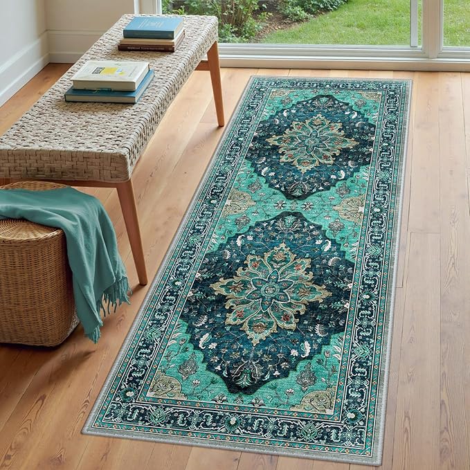 Area Rugs 3'x8' Washable Non-Slip, Floral Vintage Distress Print Pattern Medallion Carpet for Living Room Bedroom Dining Room, Teal Green Lake Blue Turquoise