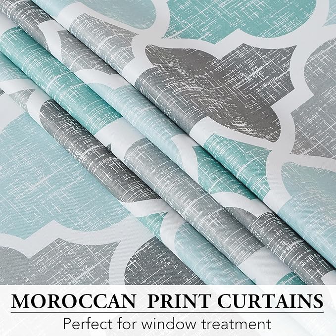 Beauoop 100% Blackout Curtains 45 Inches Long 2 Panels for Bedroom Living Room Aqua Grey Moroccan Geo Room Darkening Thermal Insulated Soundproof Grommet Top Window Treatments Drapes, 50x45 Set of 2