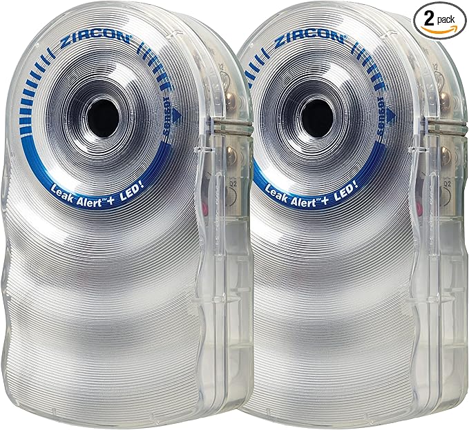 Zircon Leak Alert + LED! Water Leak Detector & Flood Sensor Alarm/Water Leak Sensor with Dual Leak Alarms 90Db Audio + Flashing LED Lights/Battery Powered (2 Pack) Batteries Not Included, (72314)