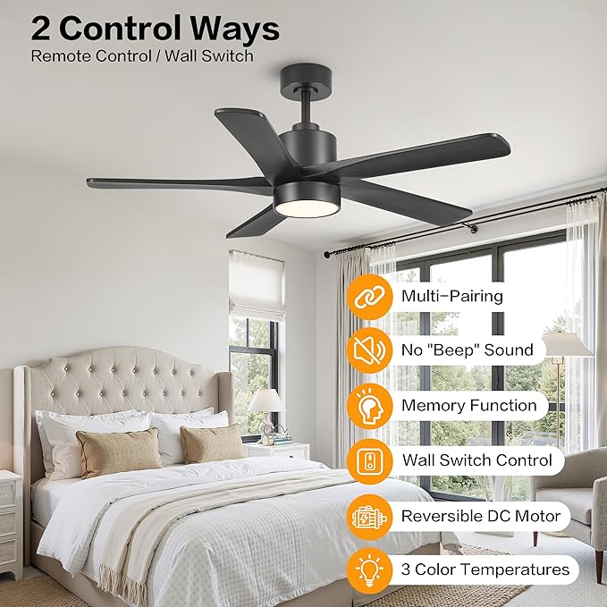 WINGBO 48 Inch DC Ceiling Fan with Lights and Remote Control, 5 Carved Solid Wood Blades, 6-Speed Noiseless Reversible DC Motor, Indoor Ceiling Fan in Matte Black Finish with Black Blades